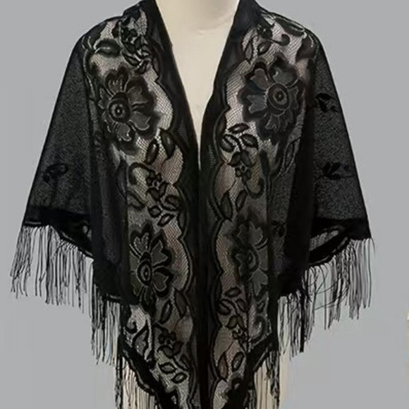 Lace Shawl, Roses, Flowers, Fringed, Wrap, Black, Gray, White, Navy blue - Picture 1 of 3